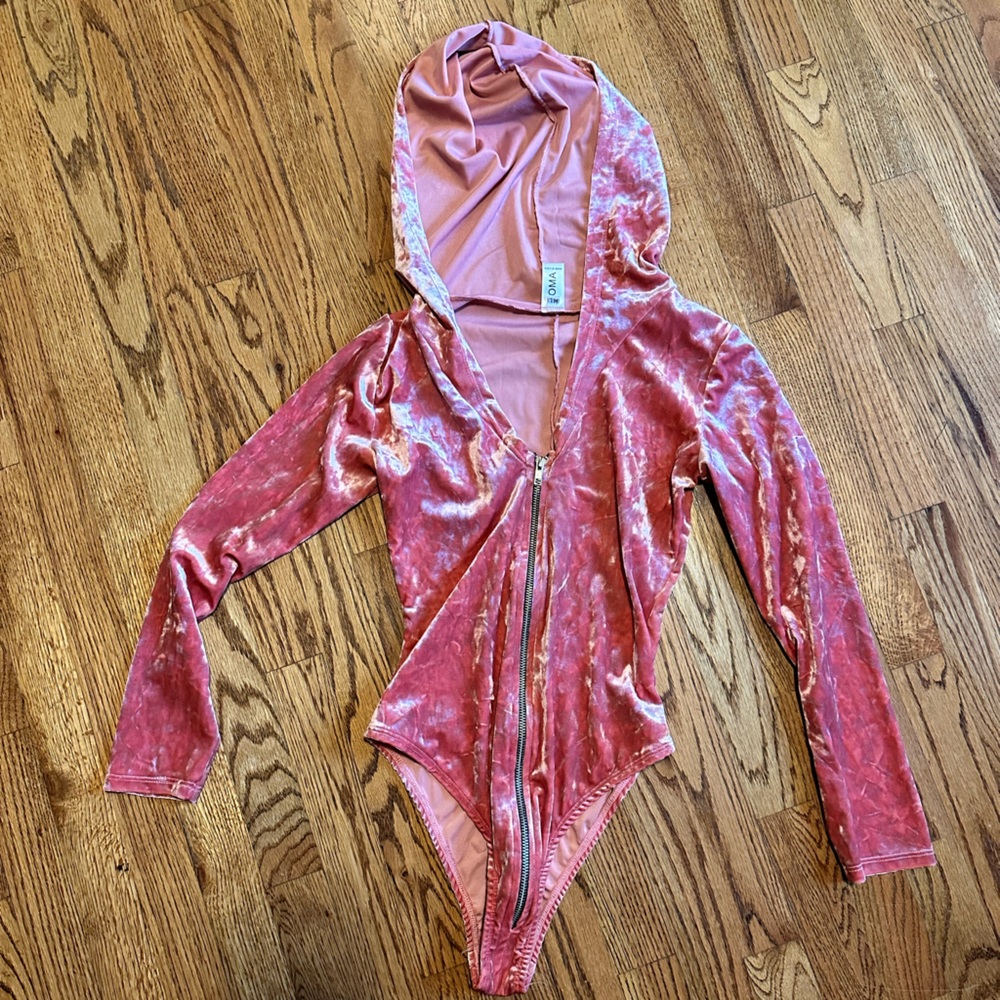 Pink velvet bodysuit with hood